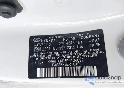 2013 Hyundai Genesis 2.0T Premium z USA, uszkodzony, nr VIN KMHHT6KD3DU104697